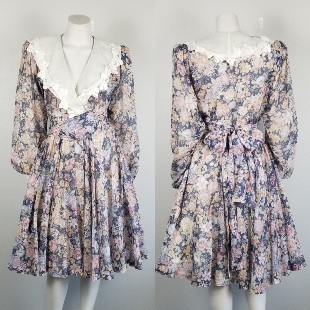 Anita Kantor Vintage 80s Cottagecore Floral Midi Fit N Flare Belted Dress Size 4